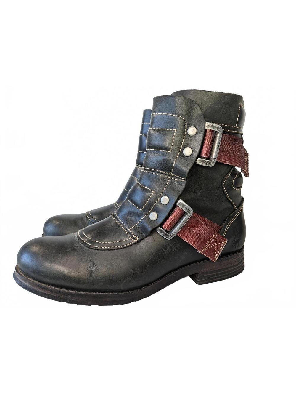 FLY LONDON distressed Leather Short SELI700 ENGINEER boot w oxblood/brown strap. - Picture 2 of 11
